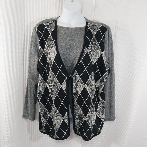 NWOT! ALFRED DUNNER! BLACK, GRAY, WHITE KNIT FAUX TWIN SET PAISLEY ARGYLE! SZ 2X - Picture 2 of 8